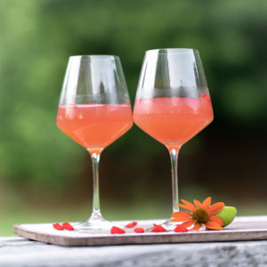 A Red-ish pink Kombucha Mocktail with an outside blurry backdrop.