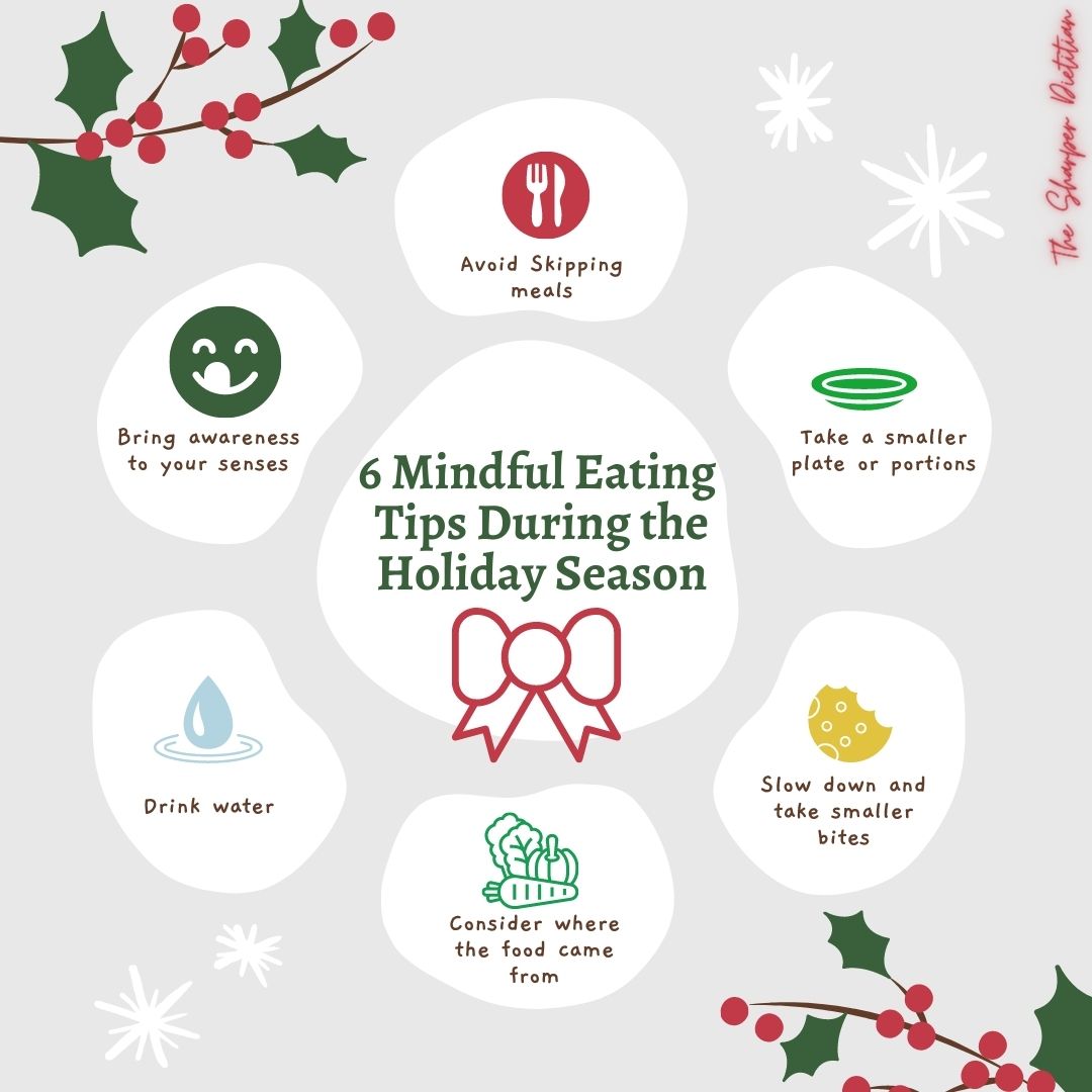 Infographic for mindful eating during the holiday season. 1) Bring awareness to your senses, 2) avoid skipping meals, 3) take a smaller plate, 4) slow down and take smaller bites, 5) consider where the food came from, 6) drink water. 