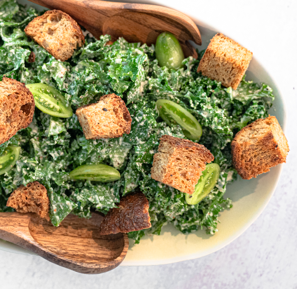 Kale Caesar salad with croutons