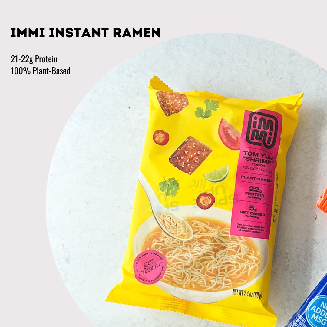 Immi Instant Ramen has 21-22g protein and is 100% plant based. 