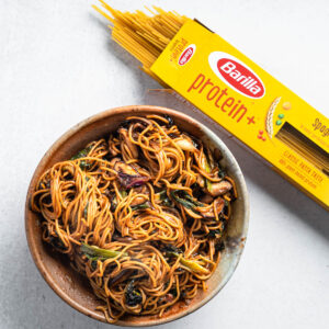 Barilla Protein Noodles were used in my Yakisoba inspured noodle dish