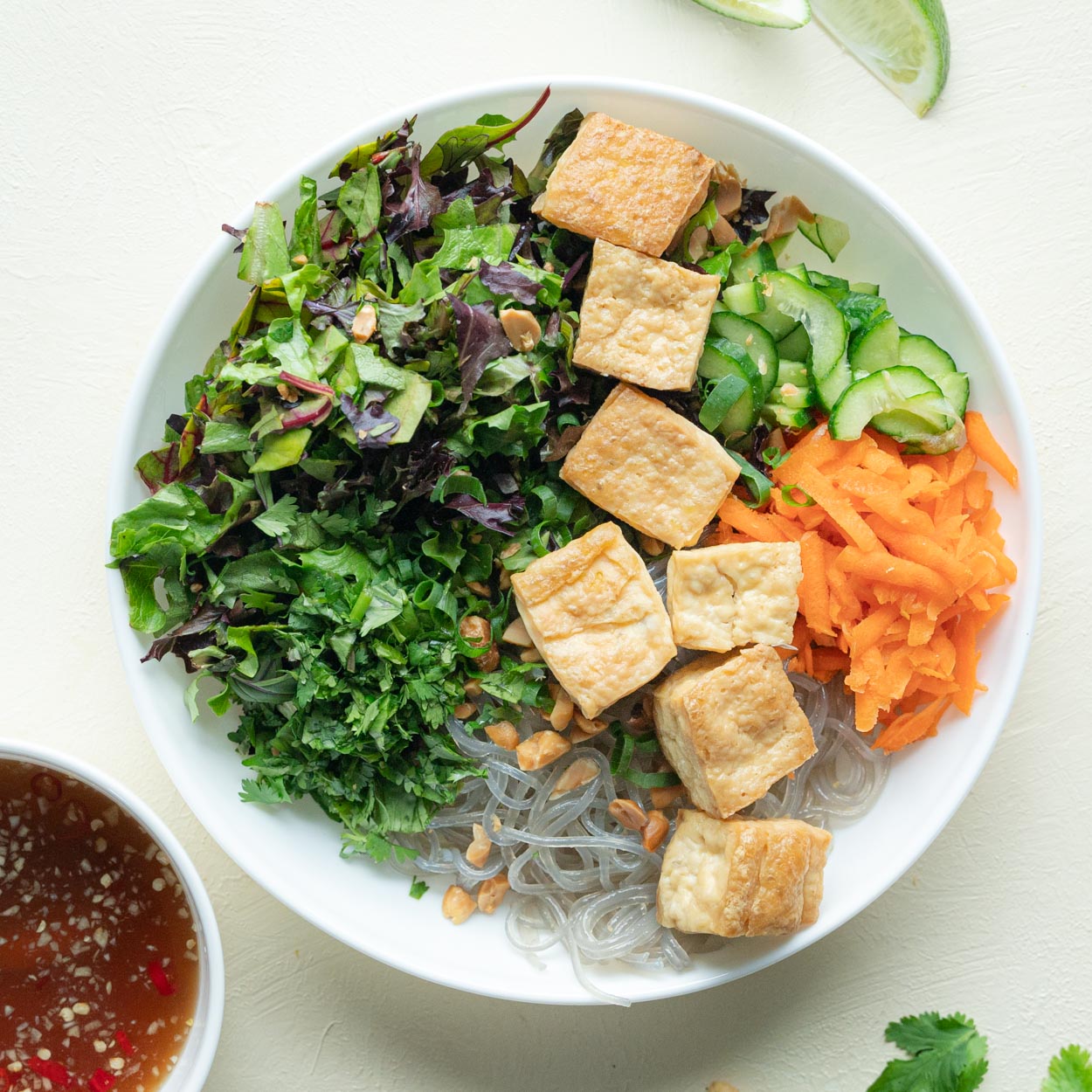Top down of glass noodle salad with baked tofu over top.