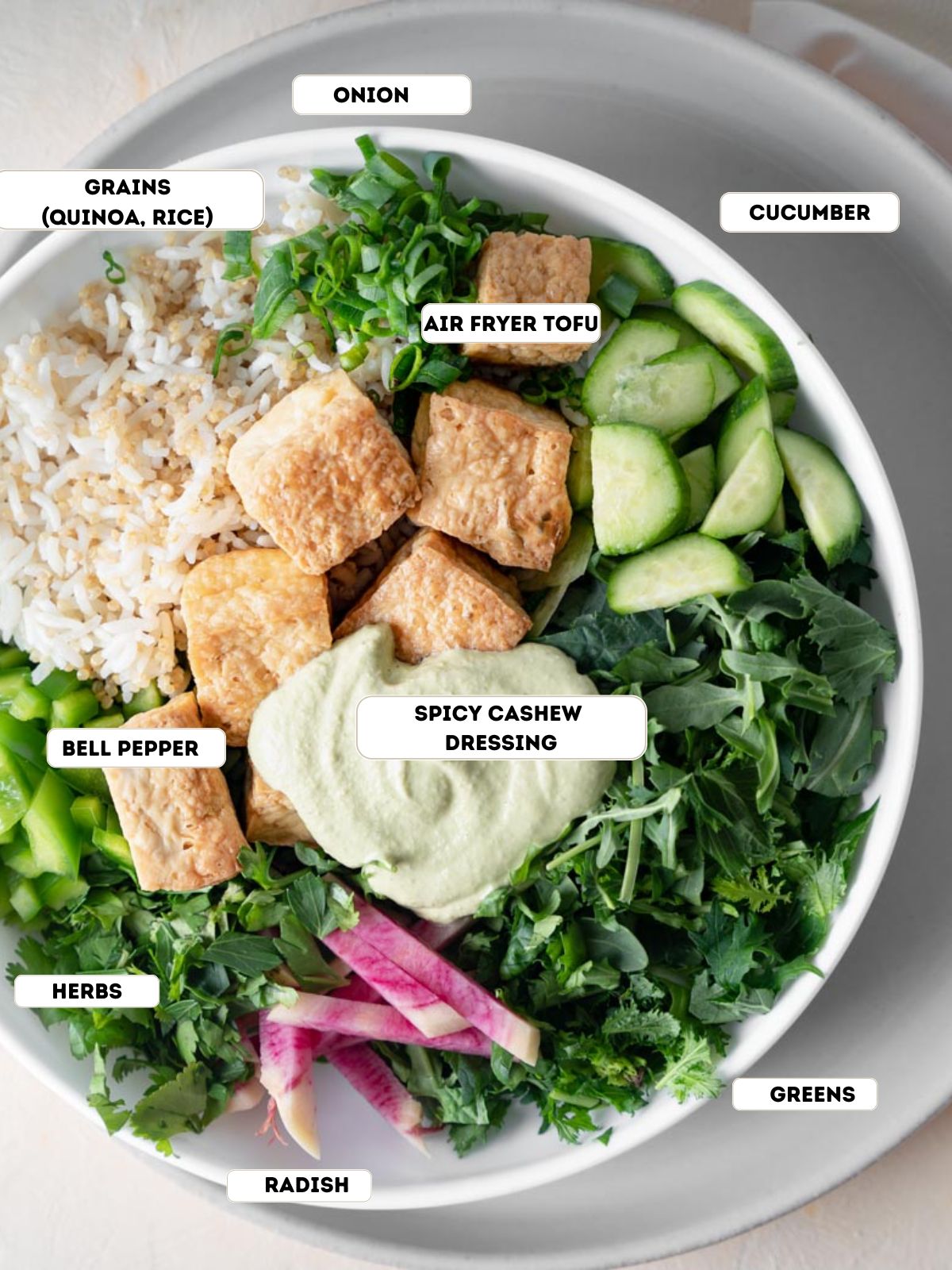 labeled ingredients for greens and ancient grains bowl