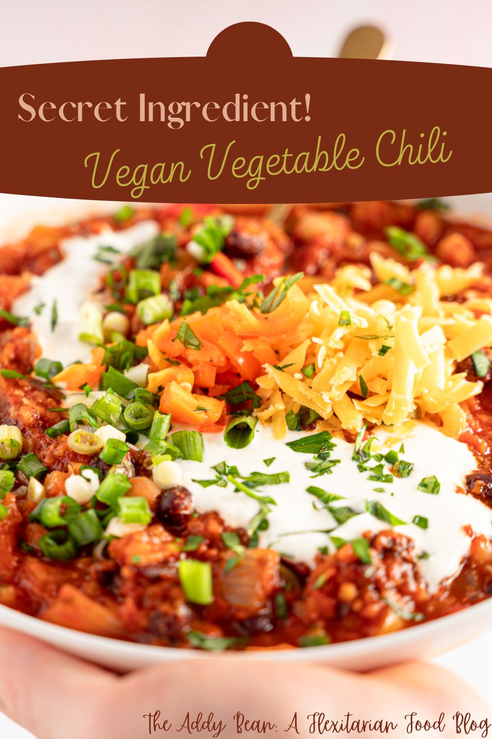 Secret Ingredient Vegan Vegetable Chili banner over a big bowl of chili enclosed in two hands.