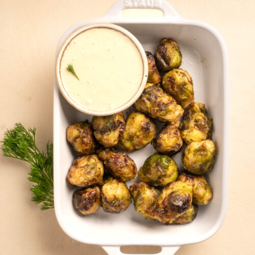 Air fryer Brussel Sprouts with Horseradish Aioli in a Staub Baking Dish