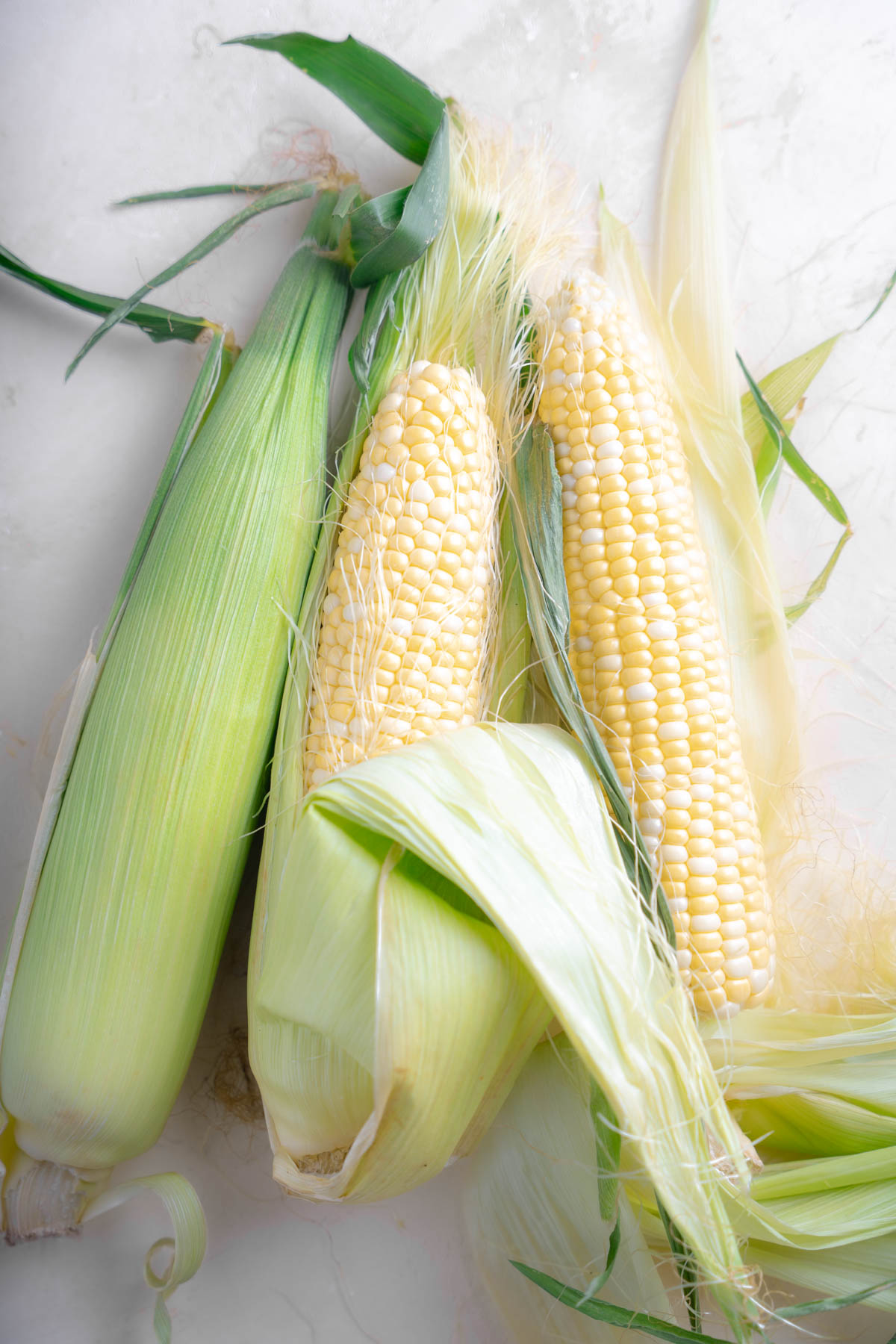 Corn on the cob with some of the silks peeled down to see the creamy white kernels