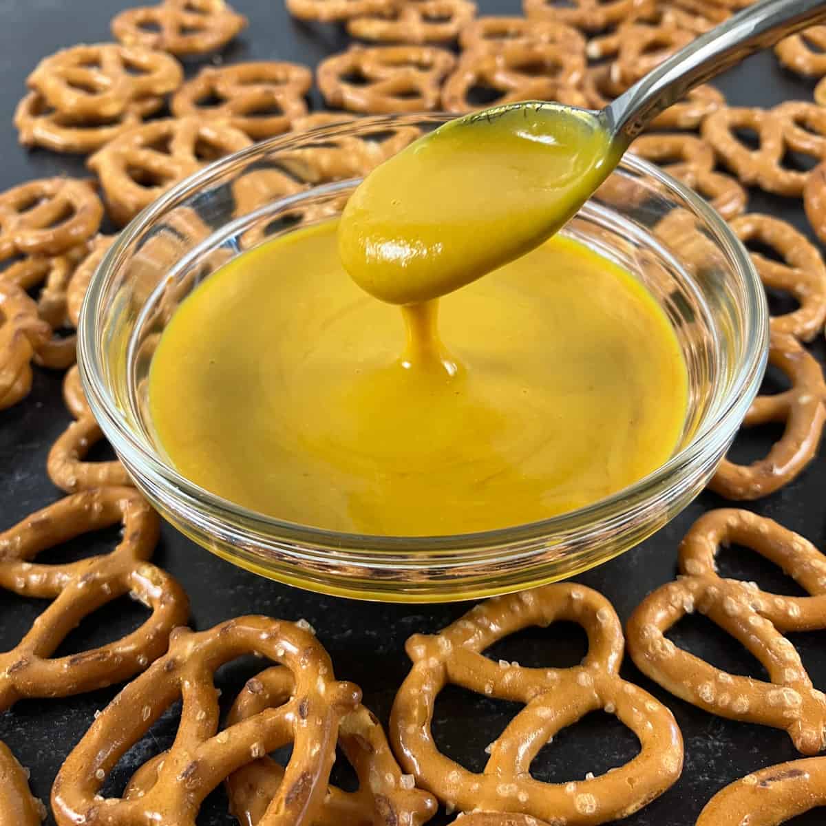 Spoon with Honey mustard dripping into a small glass bowl. Hard pretzels are surrounding the bowl.