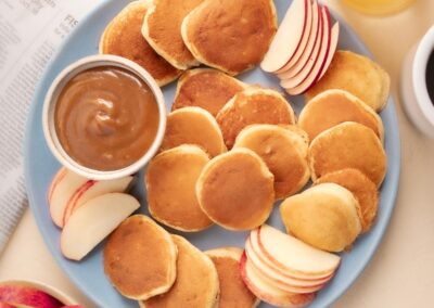The Best Mini Sweet Cream Pancakes with Peanut Butter Syrup