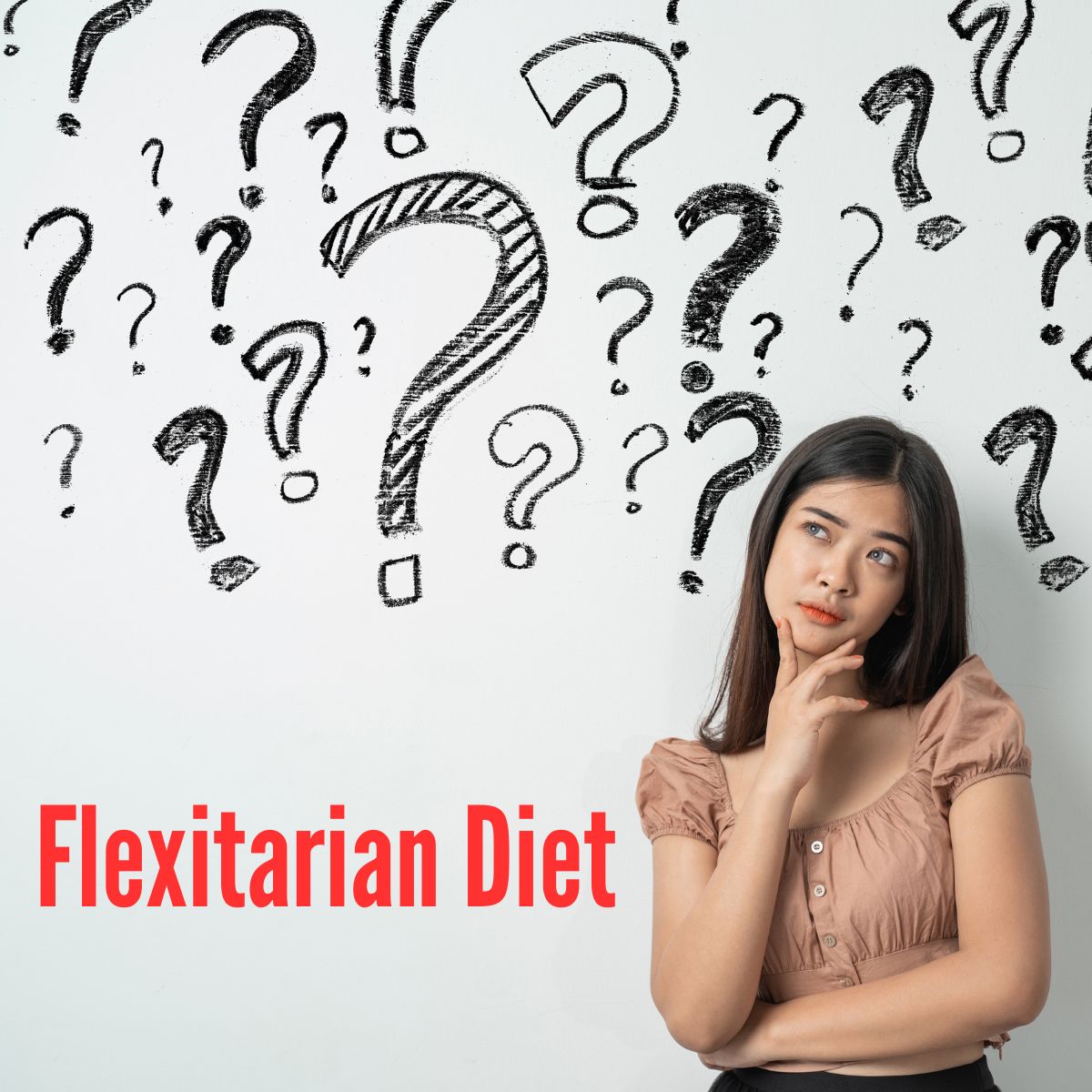 Flexitarian Diet with question marks and a female with black hair pondering