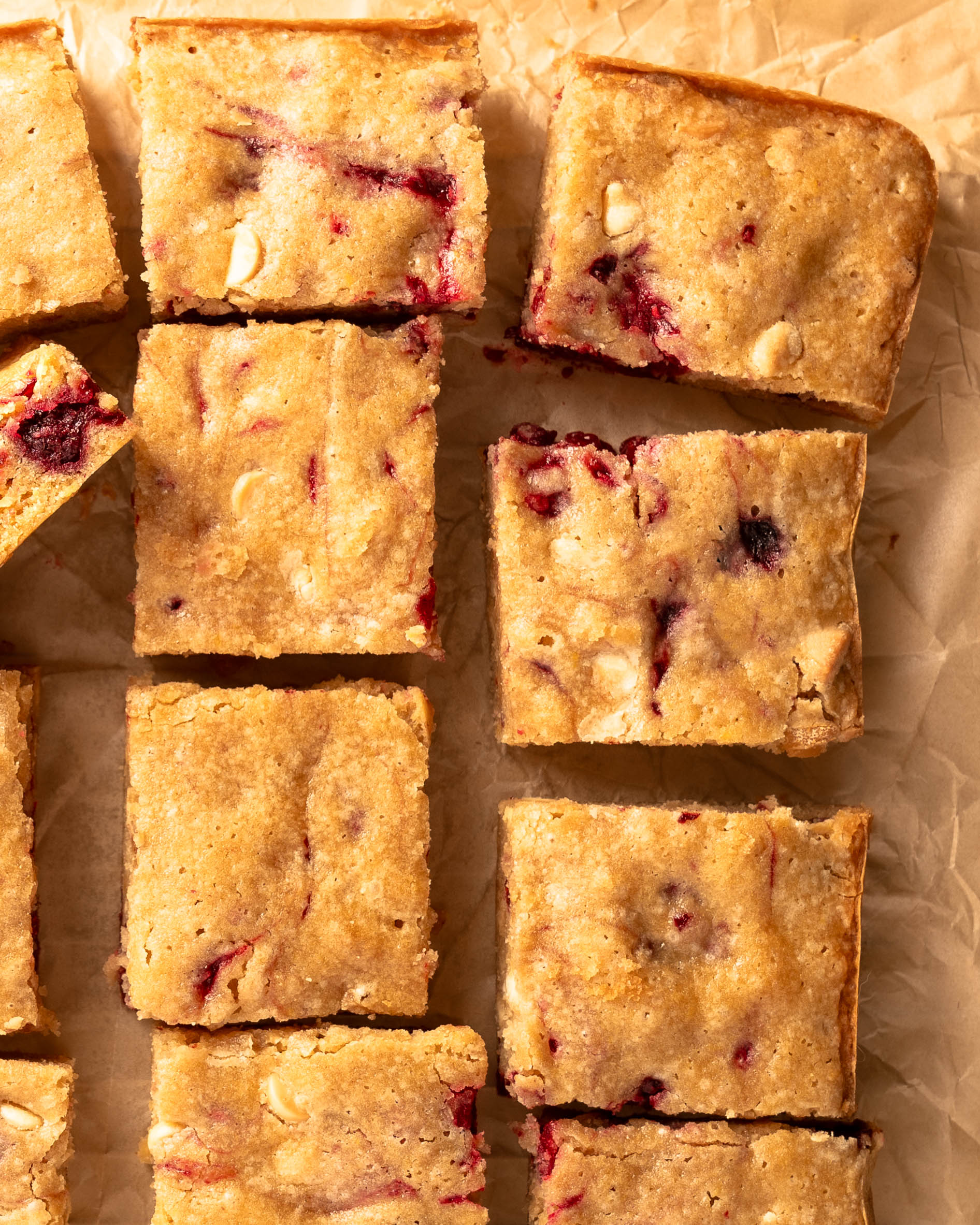 Blondies with speckles or raspberry and white chocolate throughout. 