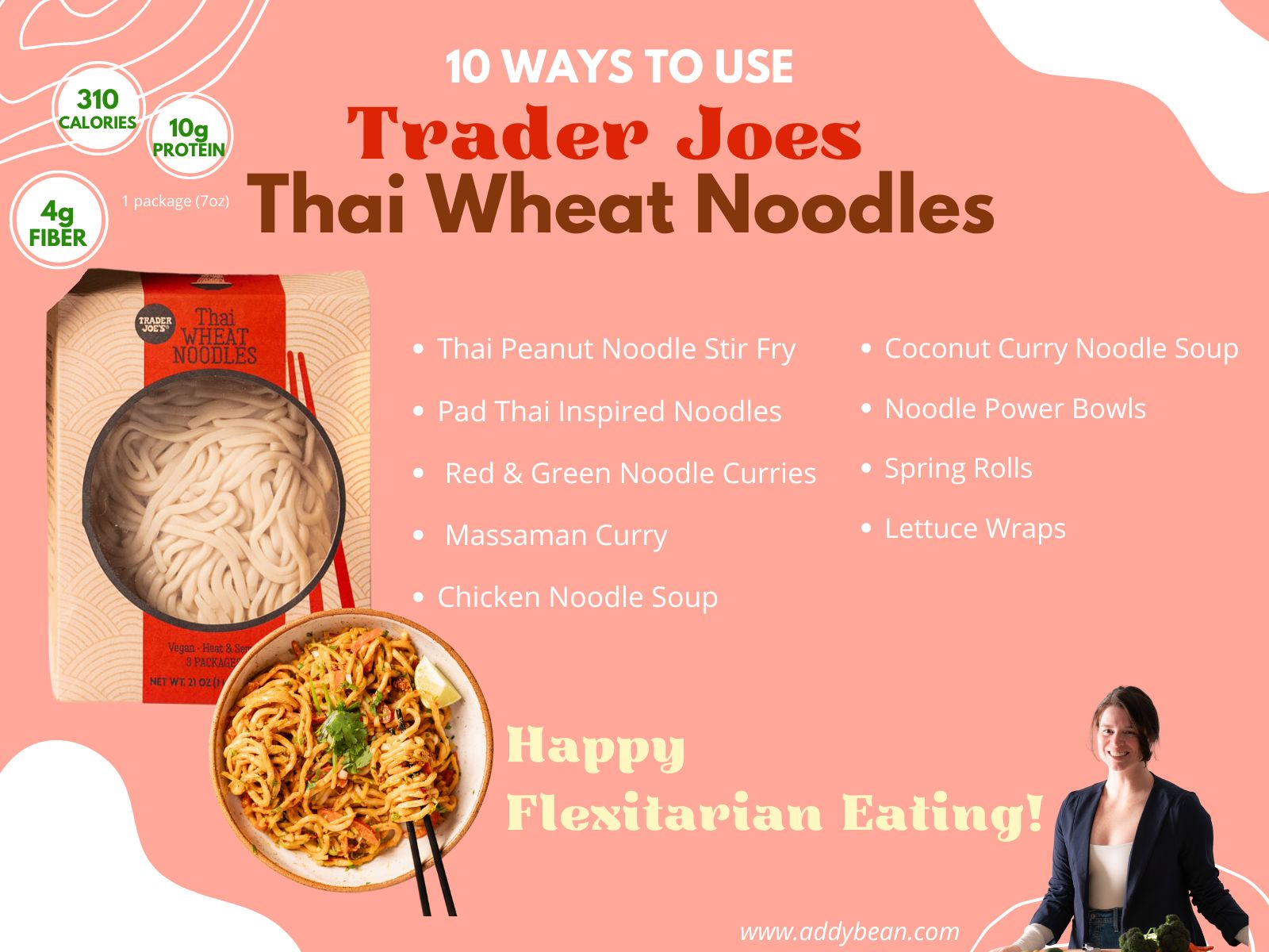 Infographic for 10 ways to use Trader Joes Thai Wheat Noodles with a picture of the noodles, a bowl of noodles and the author
