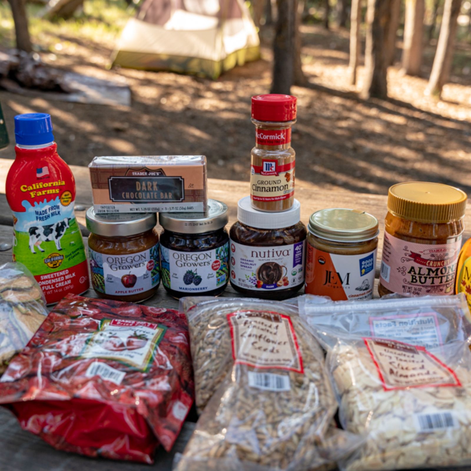 Camping Oatmeal Toppings on a picknic table with various jams, dried fruits, nuts, nut butters, and seasonings.