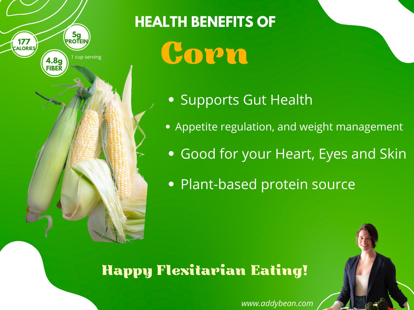 Infographic about the health benefits of corn with image of corn and the author