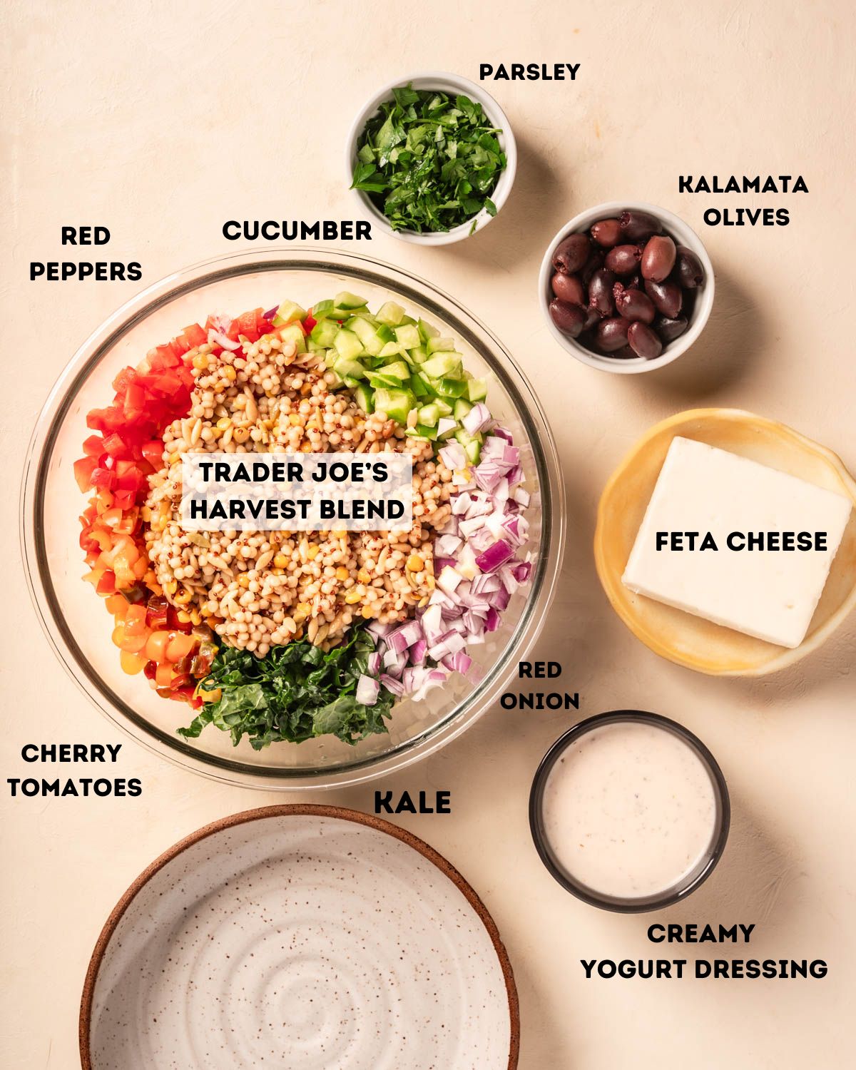 Ingredients for Trader Joe's Harvest Blend Greek Salad in bowls