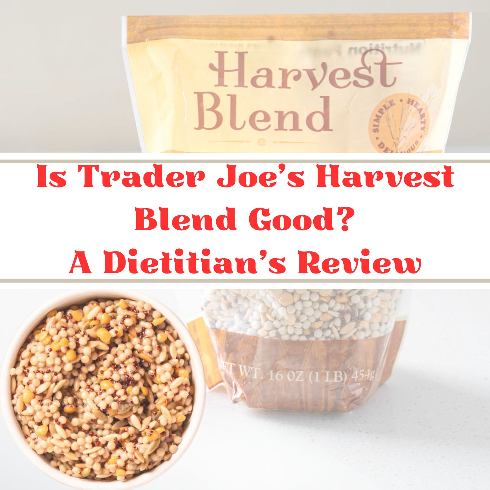Text overlay of title and a picture of the Harvest blend package with a bowl of the grains