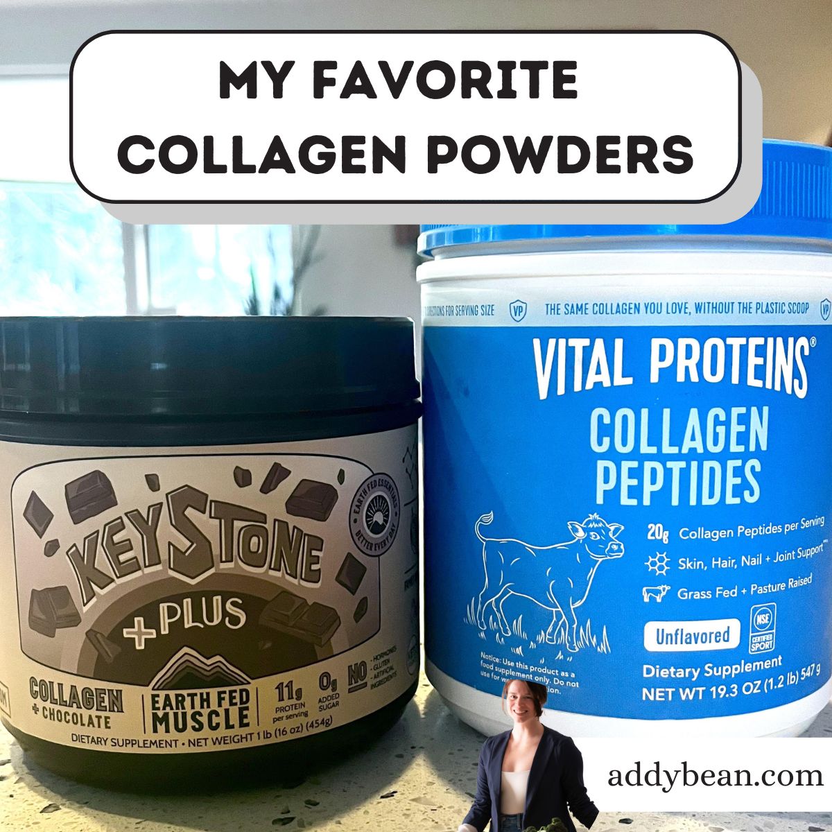 image of my 2 favorite collagen powders. A chocolate earth fed muscl e and an unflavored vital proteinsv